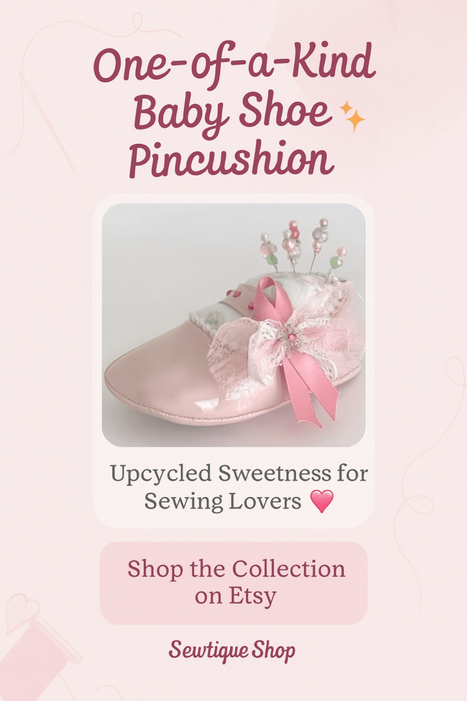 Handmade upcycled baby shoe pincushion in pink – one-of-a-kind sewing gift