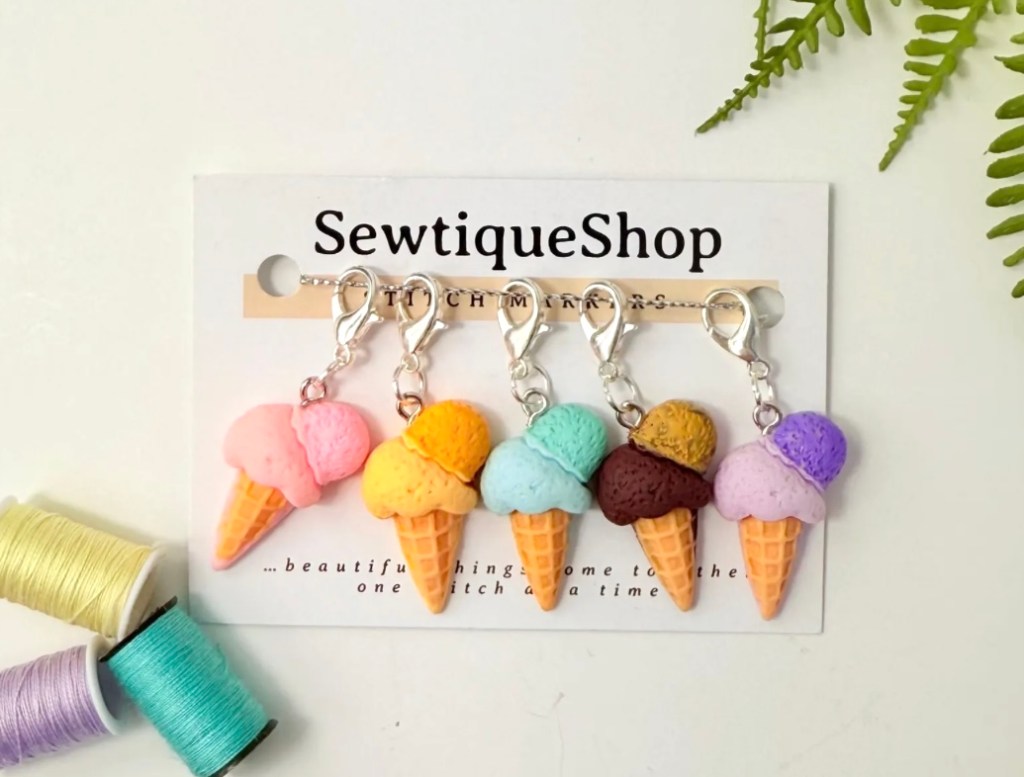 Ice cream cone stitch markers in pastel colors – handmade summer-themed notions for knitters and crocheters