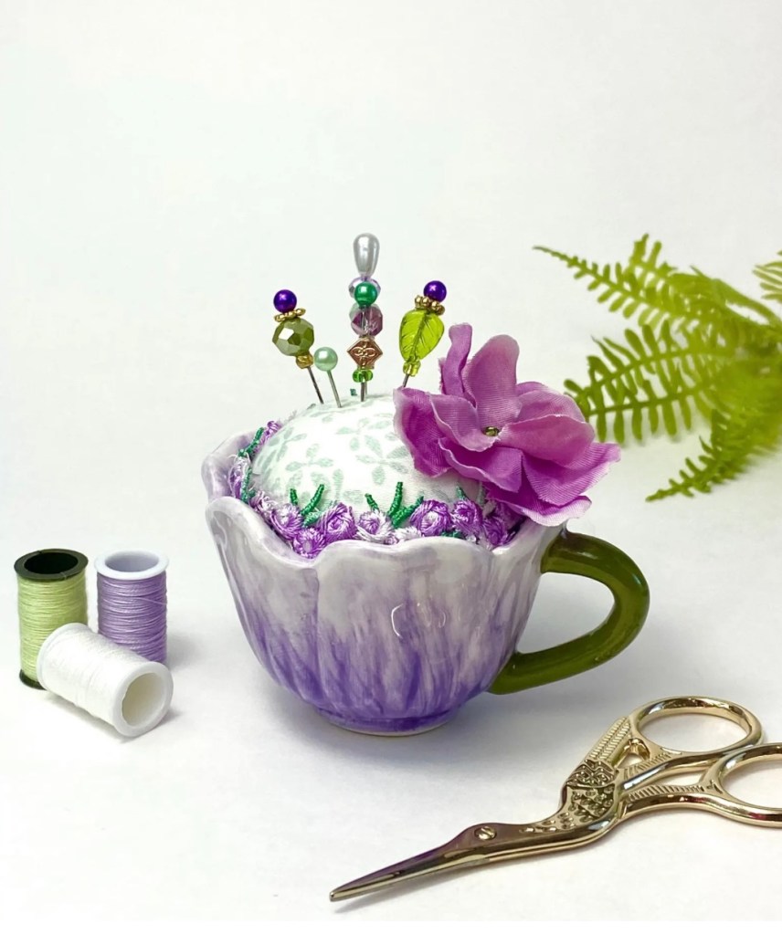 Lavender floral teacup pincushion with rhinestones and handmade beaded pins – upcycled sewing gift